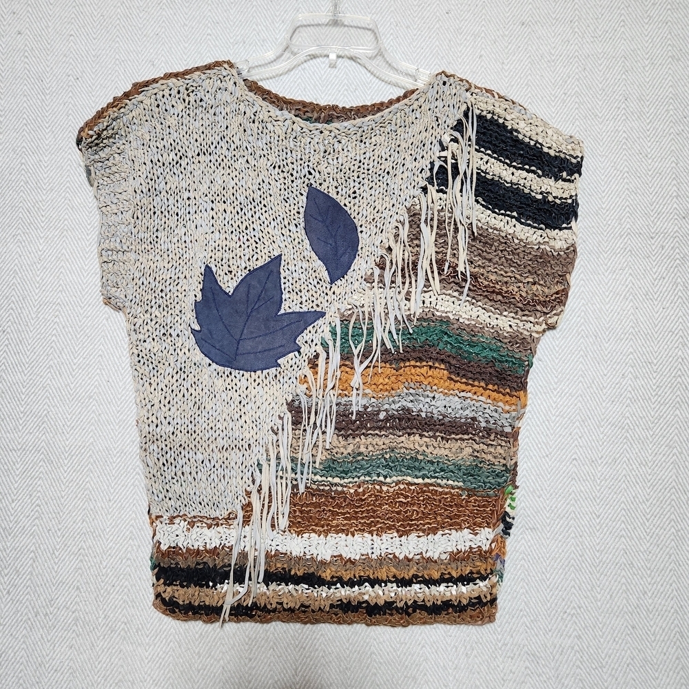 100% Leather Knit Sweater Medium Multicolor w/ Leaf Design Browm Blue Green Tan - Picture 1 of 7